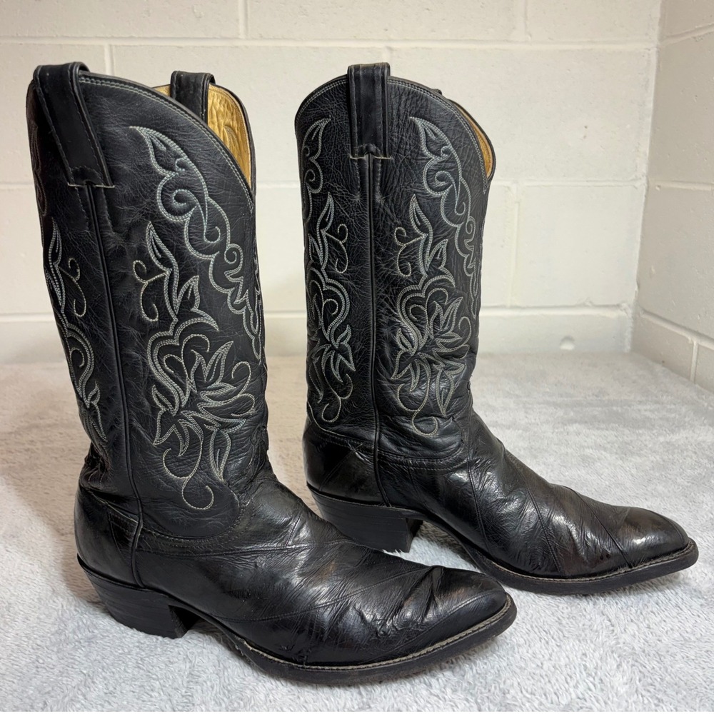 Justin Cowboy Boots Men's 9D Black Eel Skin Leather Western Pointed Toe Vintage